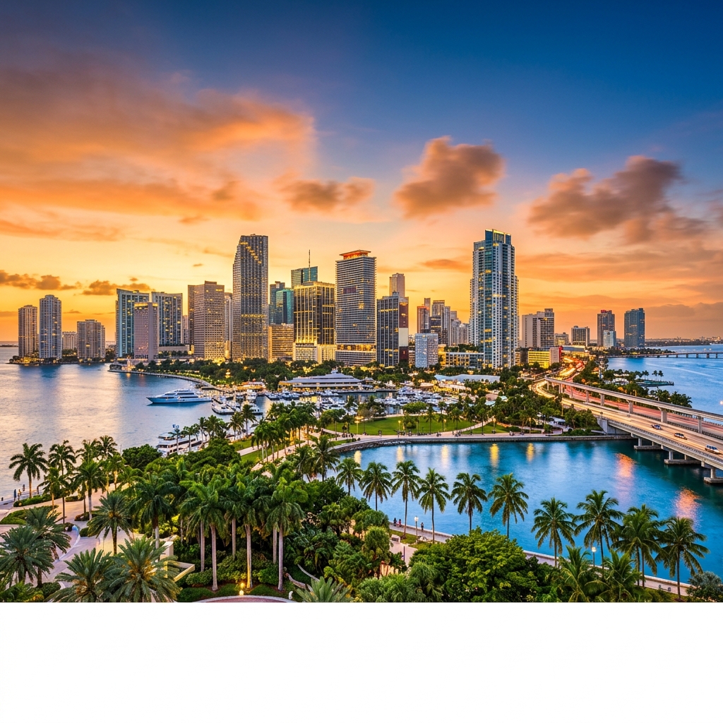City skyline with palm trees